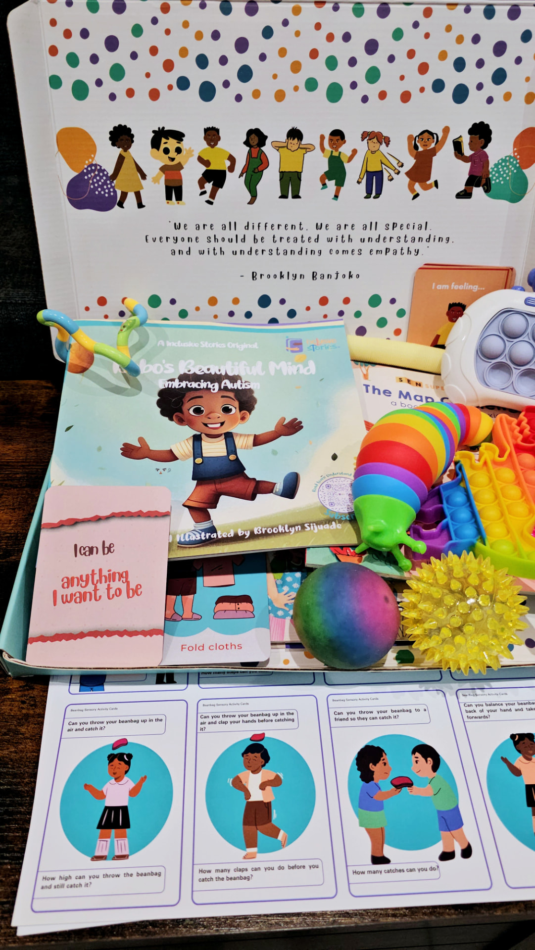 Inclusive Stories box with books and sensory toys